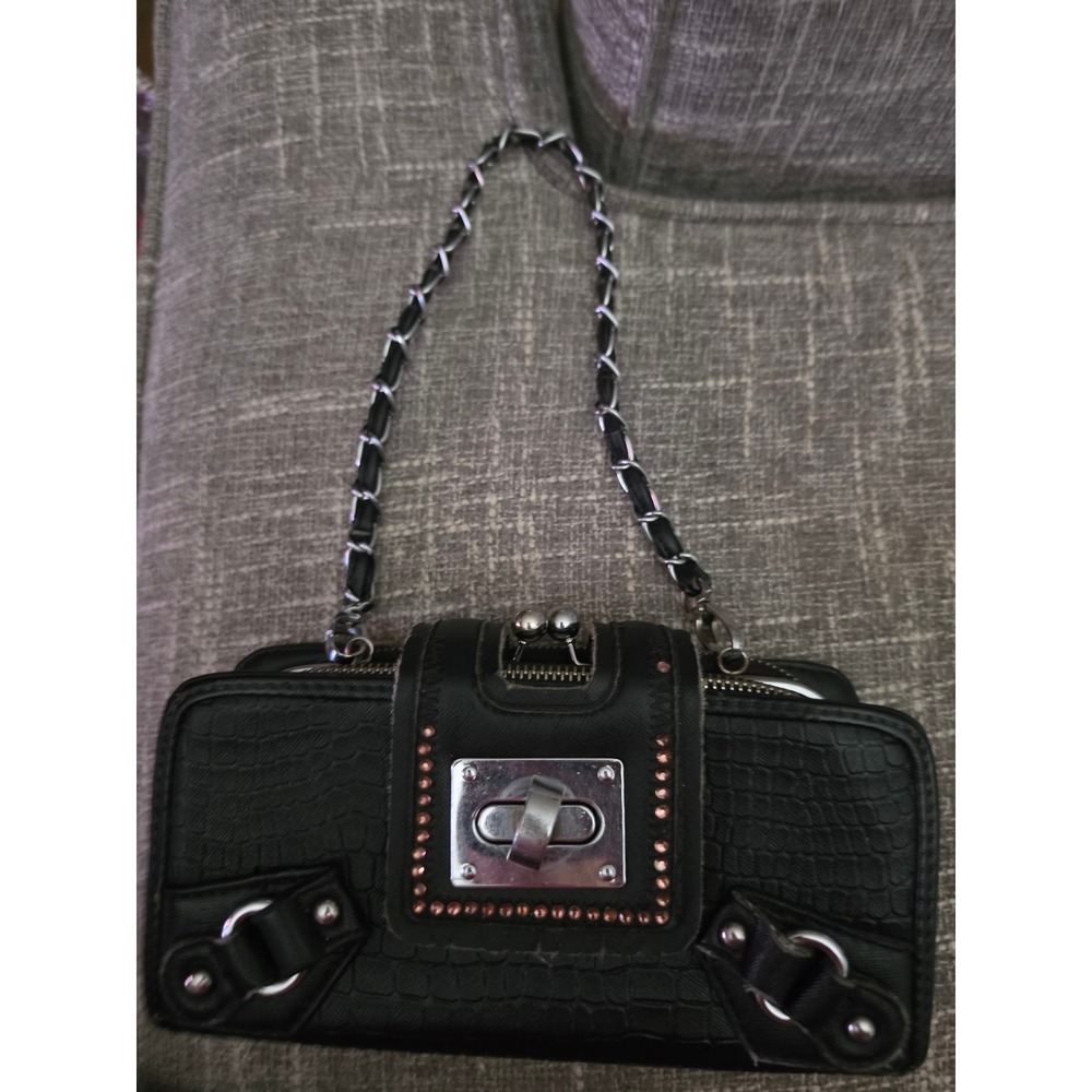 Susen Black Croc Embossed Crossbody Bag Kiss Lock Multi Compartment Studded